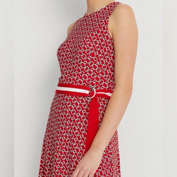 Lauren Ralph Lauren Red and White Chain Link Patterned Belted Midi Dress - Picture 4 of 11